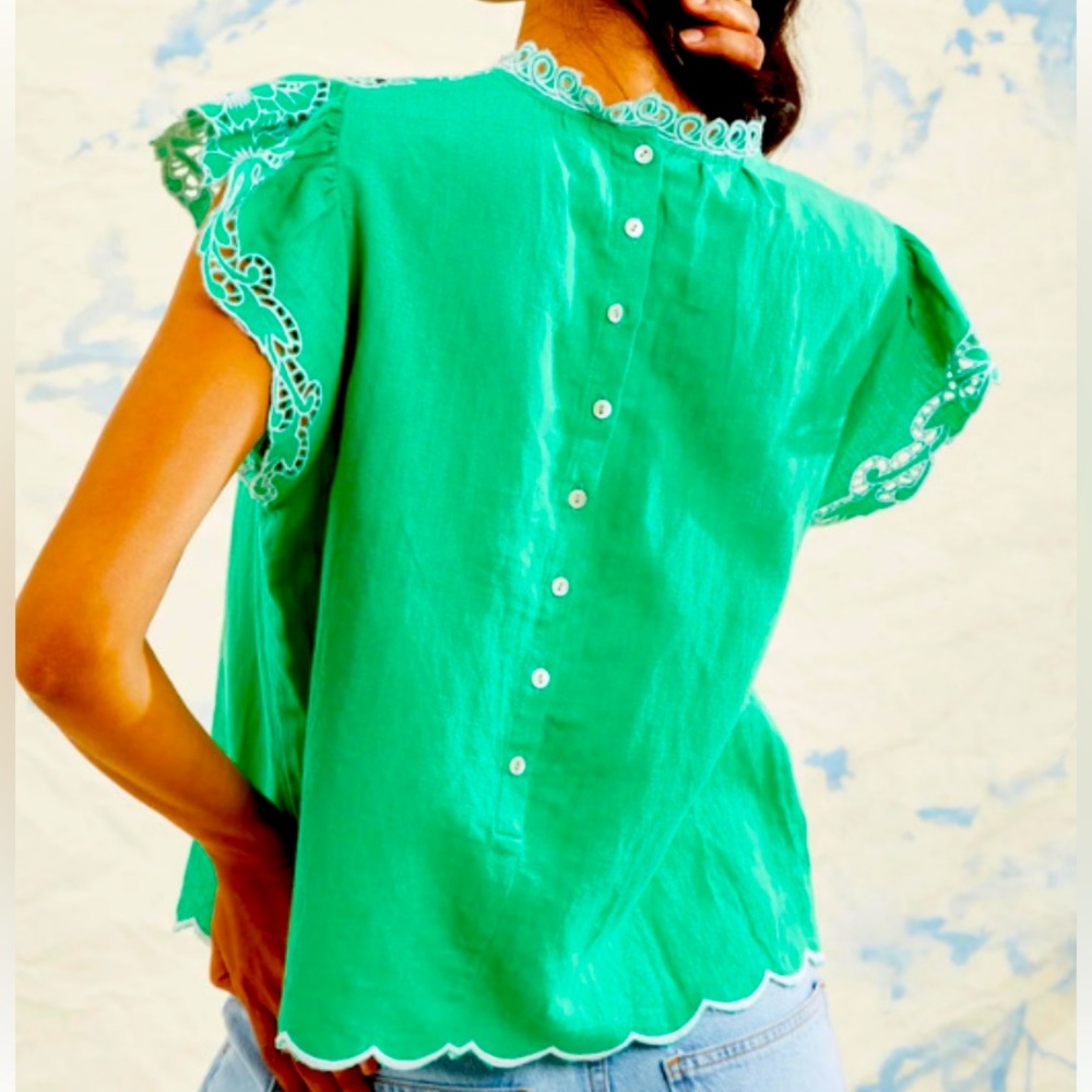 Love The Label Tuckernuck $300 Green Paradise Thea Open Work Eyelet Blouse Small - Picture 9 of 11